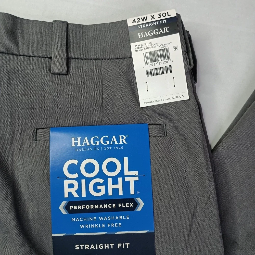 Haggar Cool Right Performance Flex Straight Fit Pants Men's Size 42x30 Gray New